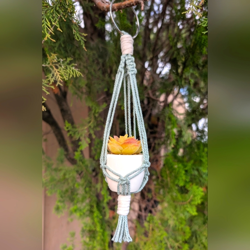 Macrame Rearview Mirror Car Charm Plant Hanger With Artificial Succulent